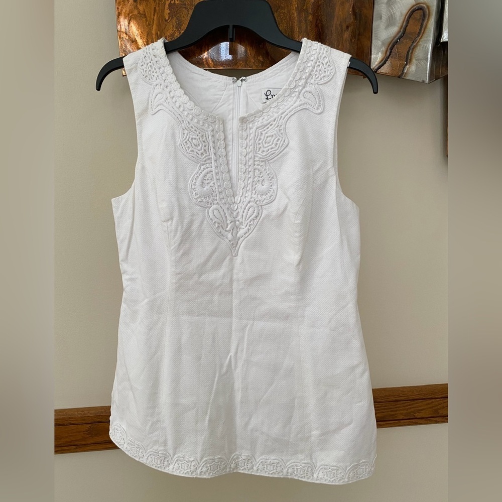 LILLY PULITZER Vintage White Duck Fitted Lined Tunic Embroidered Lace Trim EUC